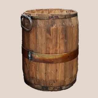 Brown wood barrel planter rustic home decor