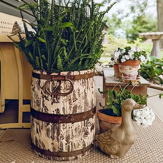 Rustic white bucket planter outdoor porch styling