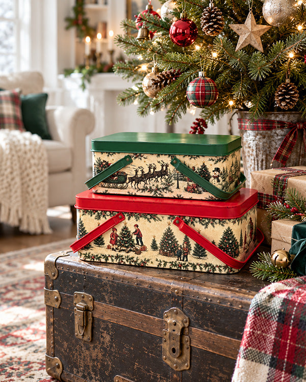 Vintage-Inspired Printed Metal Holiday Trunks, Set of 2