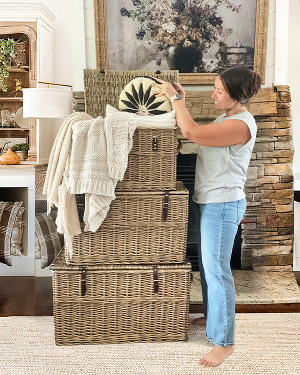 Oversized Rattan Storage Trunks with Handles, Set of 3