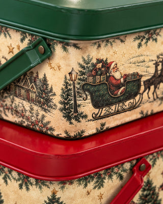 Vintage-Inspired Printed Metal Holiday Trunks, Set of 2