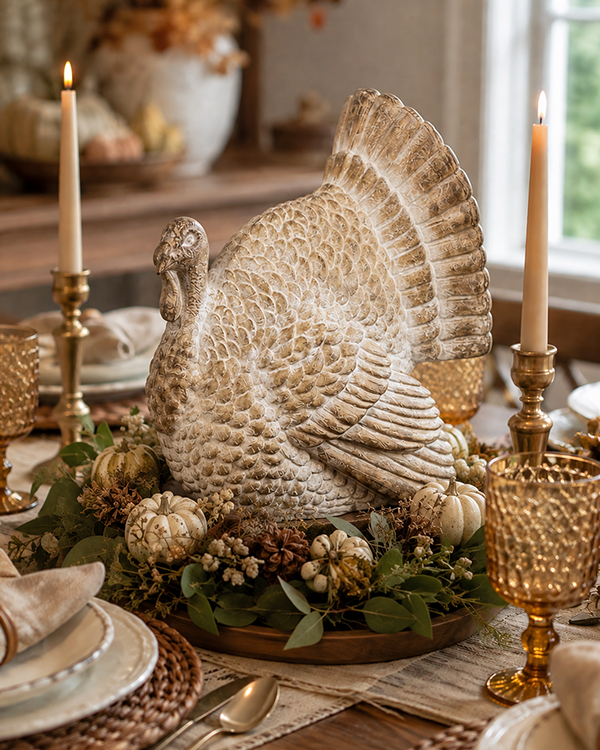 Whitewashed Heirloom Turkey 14-Inch Fall Harvest Tabletop Centerpiece