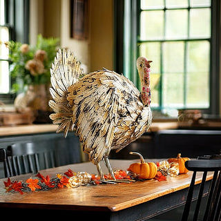 Metal turkey centerpiece for Thanksgiving dining table