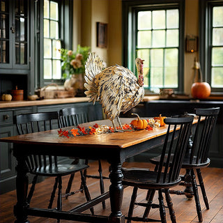 Thanksgiving dining room with rustic metal turkey centerpiece