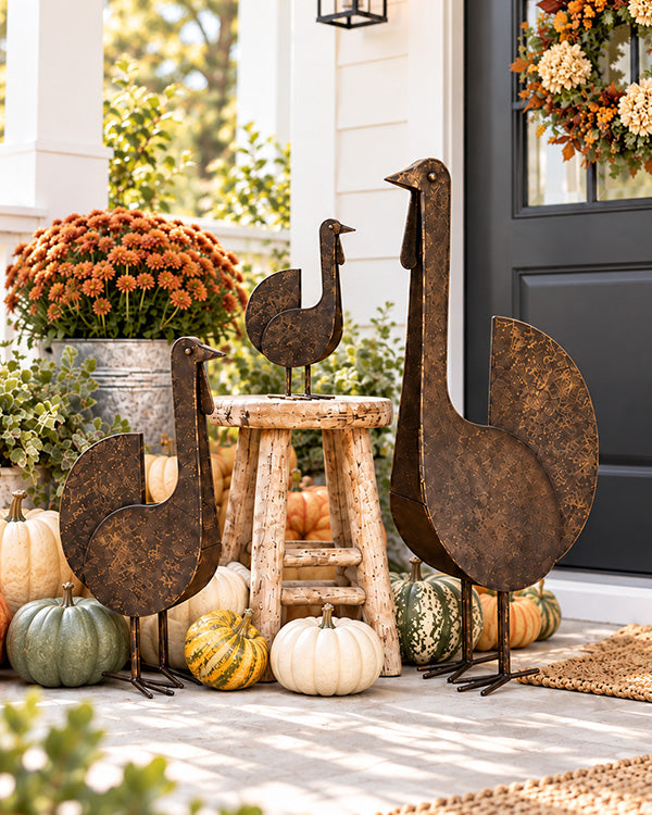 Hammered Bronze Indoor/Outdoor Metal Turkey Statues, Set of 3