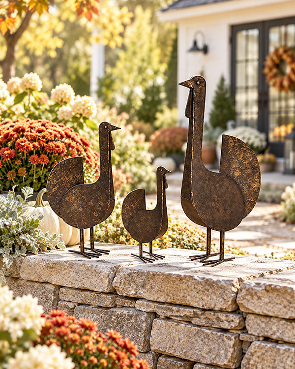 Hammered Bronze Indoor/Outdoor Metal Turkey Statues, Set of 3