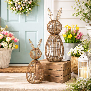 Rustic wicker bunny decor on spring porch