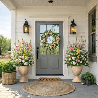 Pair of large distressed cream metal urn planters flanking farmhouse front door filled with pink white and yellow spring flowers and green wreath