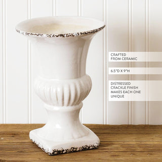 Distressed white ceramic urn vase farmhouse home decor