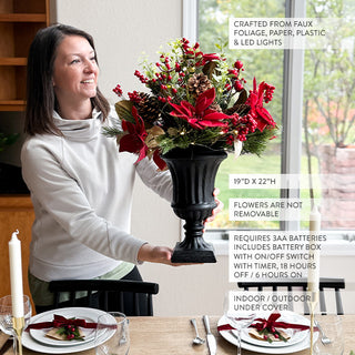 Pre-lit LED Poinsettia and Berry Christmas Urn Arrangement