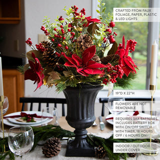 Pre-lit LED Poinsettia and Berry Christmas Urn Arrangement