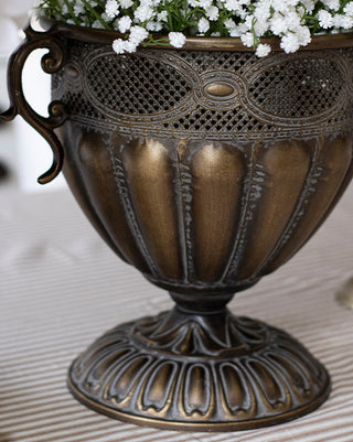 Aged Bronze Fluted Urns with Ornate Scroll Handles, Set of 2