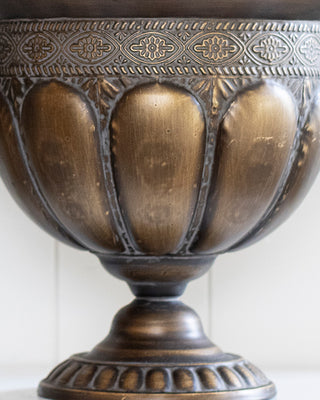 Aged Bronze Fluted Urns with Ornate Scroll Handles, Set of 2