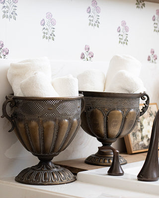 Aged Bronze Fluted Urns with Ornate Scroll Handles, Set of 2