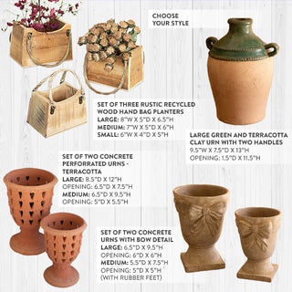 Collection of rustic planters and urns including wooden handbag planters