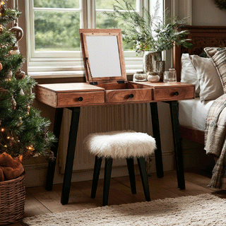 Mid-century modern mango wood vanity desk with flip-up mirror displayed in cozy bedroom setting with Christmas tree white furry stool and natural lighting