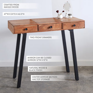 Natural mango wood vanity desk with labeled features showing three drawers center mirror storage black tapered legs dimensions 47 inches wide 20 inches deep 42.5 inches high
