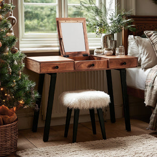 Angled view of complete mango wood vanity desk setup with white furry stool mirror open showing functional workspace and mid-century modern design
