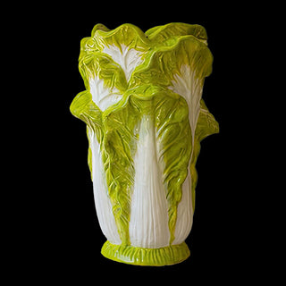 Ceramic lettuce vase in bright green and white, decorative vegetable-inspired home accent