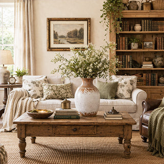 Distressed metal vase with white and terracotta finish on wooden coffee table in farmhouse living room