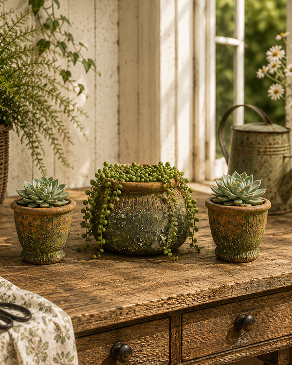 Rustic Green Cement Vases with Vintage Patina Finish - Choose Your Style