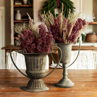 Set of two rustic metal urn vases home decor