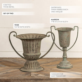 Distressed metal urn vases set with size details