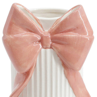 White Ceramic Ribbed Vase with Pink Bow Accent