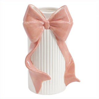 White Ceramic Ribbed Vase with Pink Bow Accent