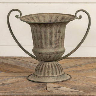 Wide rustic metal urn vase with handles