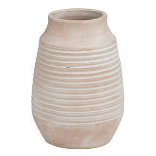 Full view of urn-shaped vase showing wide opening and ribbed design