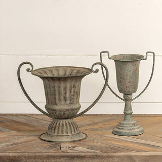 Rustic metal urn vase set wide and narrow