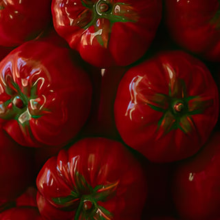 Close-up of ceramic tomato vase showing bright red tomatoes with green stems for vibrant kitchen decor