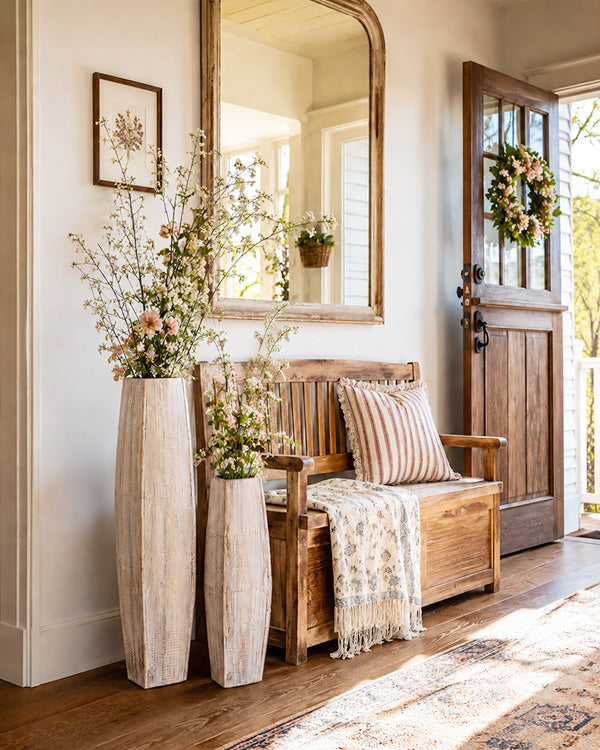Tall White-Washed Wooden Vases, Set of 2