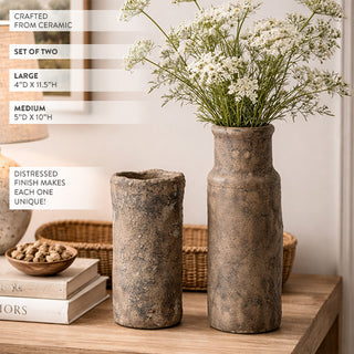  Two rustic pottery vases showing textured weathered finish and natural color variation
