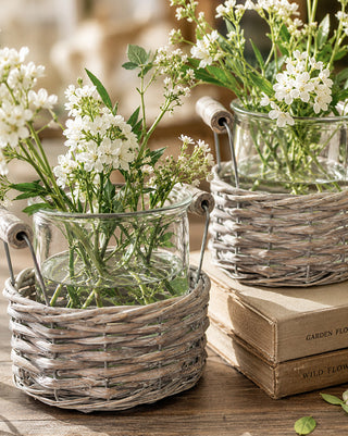 Gray Willow Basket and Glass Vase, Set of 2 Farmhouse Counter Shelf Decor