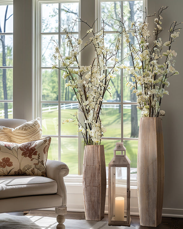 Tall White-Washed Wooden Vases, Set of 2