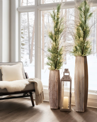 Tall White-Washed Wooden Vases, Set of 2