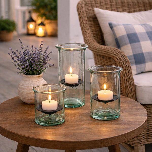 Handmade Glass Hurricane Candle Holder With Rustic Tray | Pottery Barn Handmade Glass Hurricane Candle Holder With Rustic Tray | Pottery Barn