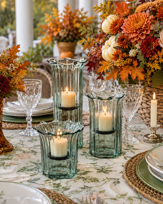 Artisan Ribbed Recycled Glass Votive Candle Holders with Metal Inserts, Set of 3