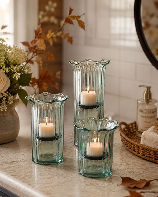 Artisan Ribbed Recycled Glass Votive Candle Holders with Metal Inserts, Set of 3