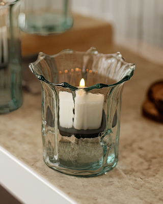 Artisan Ribbed Recycled Glass Votive Candle Holders with Metal Inserts, Set of 3