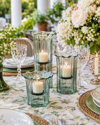 Artisan Ribbed Recycled Glass Votive Candle Holders with Metal Inserts, Set of 3