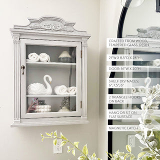 Gray decorative wall cabinet with product details