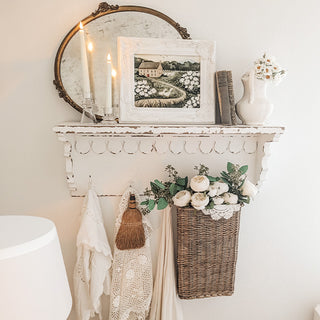 Farmhouse white wall shelf with hooks and basket
