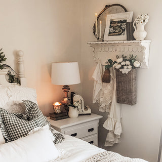 Farmhouse bedroom wall shelf with hanging basket
