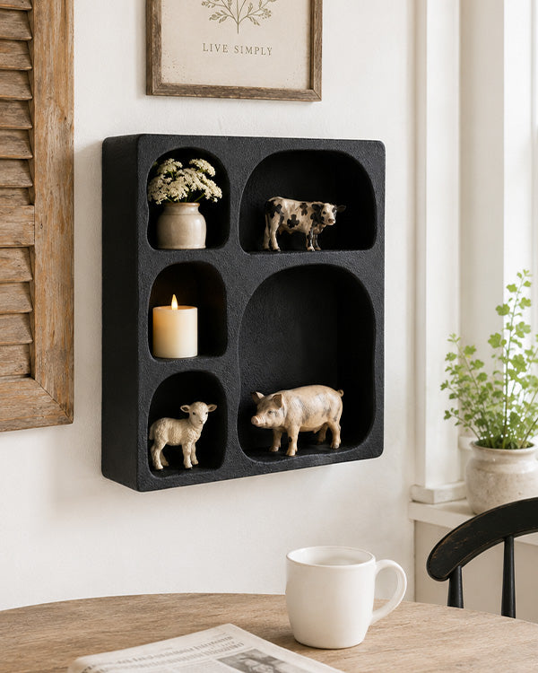 Textured Black Wall Shelf with Arched Shelving Design