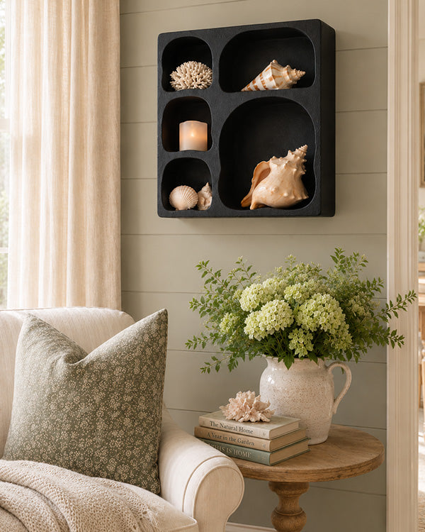 Textured Black Wall Shelf with Arched Shelving Design