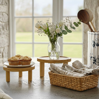 Farmhouse wood risers styled with flowers and muffins