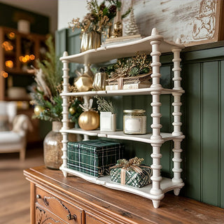 Farmhouse-style wooden tiered shelf decorated with holiday greenery, candles, and wrapped gifts on a vintage wooden sideboard.